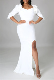 White Fashion Sexy Solid Split Joint Slit Off the Shoulder Evening Dress