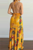 Yellow Sexy Print Split Joint Backless Halter Straight Dresses
