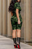 Army Green Fashion Casual Camouflage Print Basic O Neck Short Sleeve Two Pieces