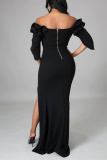Black Fashion Sexy Solid Split Joint Slit Off the Shoulder Evening Dress