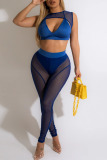 Blue Sexy Solid Patchwork See-through O Neck Sleeveless Two Pieces