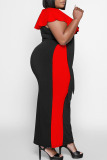 Red Casual Solid Split Joint Flounce V Neck Plus Size Dresses