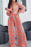 Tangerine Red Fashion Print Patchwork Turndown Collar Long Sleeve Two Pieces