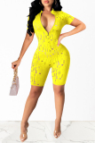 Yellow Fashion Sexy Solid Ripped Hollowed Out Zipper Collar Skinny Romper