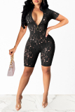 Black Fashion Sexy Solid Ripped Hollowed Out Zipper Collar Skinny Romper