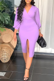 Purple Fashion Casual Solid Split Joint Slit V Neck Long Sleeve Dresses