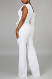 White Fashion Casual Solid Patchwork Asymmetrical Asymmetrical Collar Straight Jumpsuits
