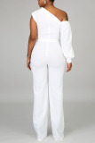 White Fashion Casual Solid Patchwork Asymmetrical Asymmetrical Collar Straight Jumpsuits
