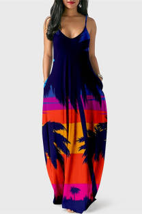 Multicolor Fashion Casual Print Backless Spaghetti Strap Long Dress