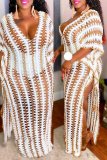White Fashion Casual Patchwork Hollowed Out See-through Backless Slit V Neck Dresses