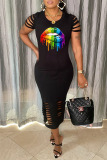 Black Casual Print Hollowed Out Split Joint O Neck Dresses