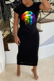 Black Casual Print Hollowed Out Split Joint O Neck Dresses