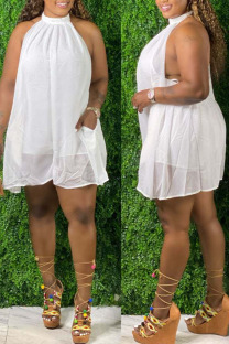White Sexy Solid Split Joint Backless Halter Plus Size Jumpsuits