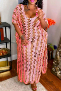 Pink Fashion Casual Patchwork Hollowed Out See-through Backless Slit V Neck Dresses