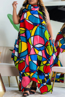 Multicolor Fashion Casual Print Asymmetrical Turtleneck Sleeveless Dress Plus Size Dresses