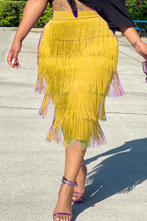 Yellow Fashion Solid Tassel Straight Mid Waist Straight Solid Color Bottoms