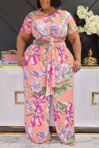 Pink Fashion Casual Print Bandage O Neck Plus Size Two Pieces