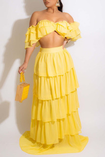 Yellow Sexy Solid Split Joint Flounce Fold Off the Shoulder Two Pieces