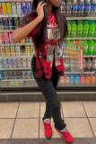 Red Street Print Patchwork Slit Asymmetrical O Neck T-Shirts