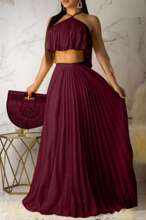 Burgundy Fashion Sexy Sleeveless Skirt Two-piece Set