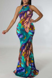 Colour Sexy Print Patchwork O Neck Long Dress Dresses