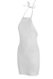 White Sexy Solid Patchwork Backless Halter Pencil Skirt Dresses