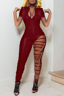 Red Fashion Sexy Solid Hollowed Out Split Joint Chains Zipper Collar Skinny Jumpsuits