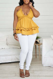 Yellow Celebrities Solid Patchwork Spaghetti Strap Tops