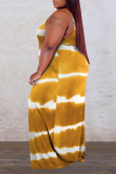 Yellow Casual Print Split Joint Spaghetti Strap Straight Plus Size Dresses