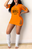 Orange Sexy Print Hollowed Out O Neck Pencil Skirt Dresses