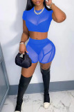 Blue Sexy Solid Split Joint See-through O Neck Short Sleeve Two Pieces