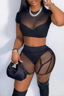 Black Sexy Solid Split Joint See-through O Neck Short Sleeve Two Pieces