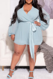 Light Blue Casual Solid Patchwork V Neck Plus Size Jumpsuits(The Belt Is A Different Color)