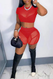 Red Sexy Solid Split Joint See-through O Neck Short Sleeve Two Pieces
