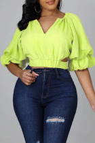 Yellow Casual Solid Bandage Split Joint V Neck Tops