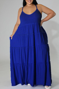 Blue Casual Solid Split Joint Spaghetti Strap Straight Plus Size Dresses