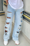 Light Color Fashion Solid Ripped Mid Waist Straight Denim Jeans