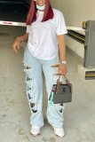 Light Color Fashion Solid Ripped Mid Waist Straight Denim Jeans