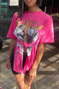 Pink Street Print Patchwork Slit Asymmetrical O Neck T-Shirts