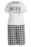 Black White Casual Street Print Tassel Patchwork O Neck Plus Size Two Pieces