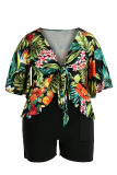 Green Casual Print Bandage Split Joint V Neck Plus Size Two Pieces