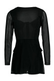 Black Fashion Sexy Patchwork See-through Slit Square Collar Long Sleeve Two Pieces
