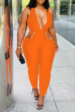 Tangerine Red Sexy Solid Hollowed Out Patchwork V Neck Regular Jumpsuits