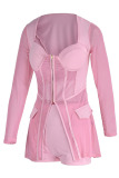 Pink Fashion Sexy Patchwork See-through Slit Square Collar Long Sleeve Two Pieces
