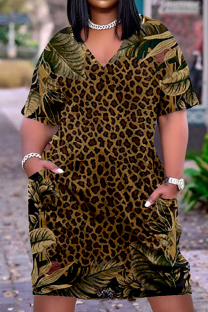 Brown Fashion Casual Print Basic V Neck Short Sleeve Dress