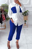 Blue Fashion Solid Patchwork Turndown Collar Plus Size Two Pieces