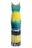 Yellow Blue Sexy Casual Print Tie Dye Tassel Spaghetti Strap Long Dress