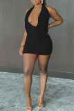 Black Sexy Solid Patchwork Backless Halter One Step Skirt Dresses