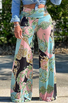 Multicolor Fashion Casual Print Basic Regular High Waist Trousers