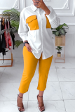 Yellow Fashion Solid Patchwork Turndown Collar Plus Size Two Pieces